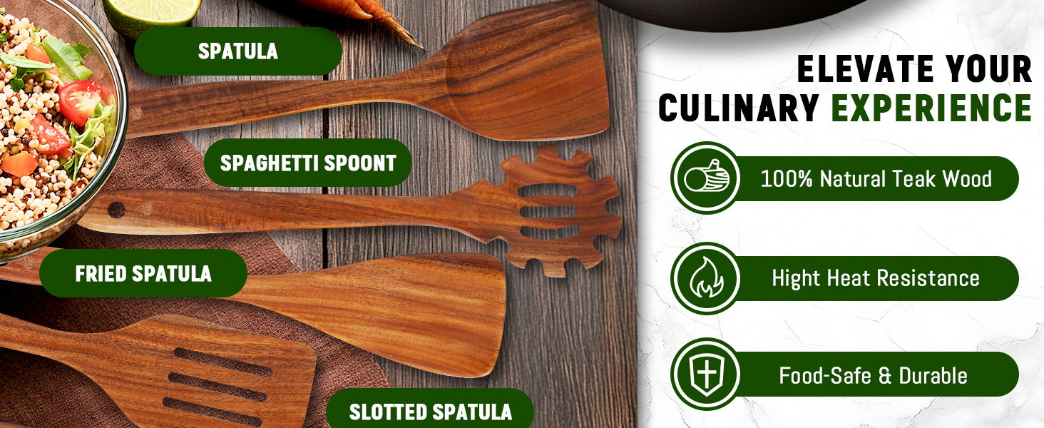 12 Piece Wooden Spoons for Cooking, Natural Teak Wooden Utensils Set, Handmade Wood Kitchen Utensil Set with Holder and Spoon, Durable Nonstick, Comfort Grip Wood Cookware Tool