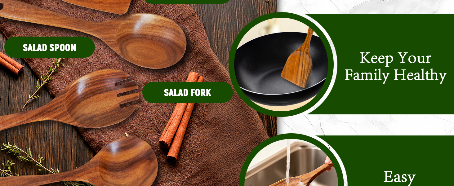 12 Piece Wooden Spoons for Cooking, Natural Teak Wooden Utensils Set, Handmade Wood Kitchen Utensil Set with Holder and Spoon, Durable Nonstick, Comfort Grip Wood Cookware Tool