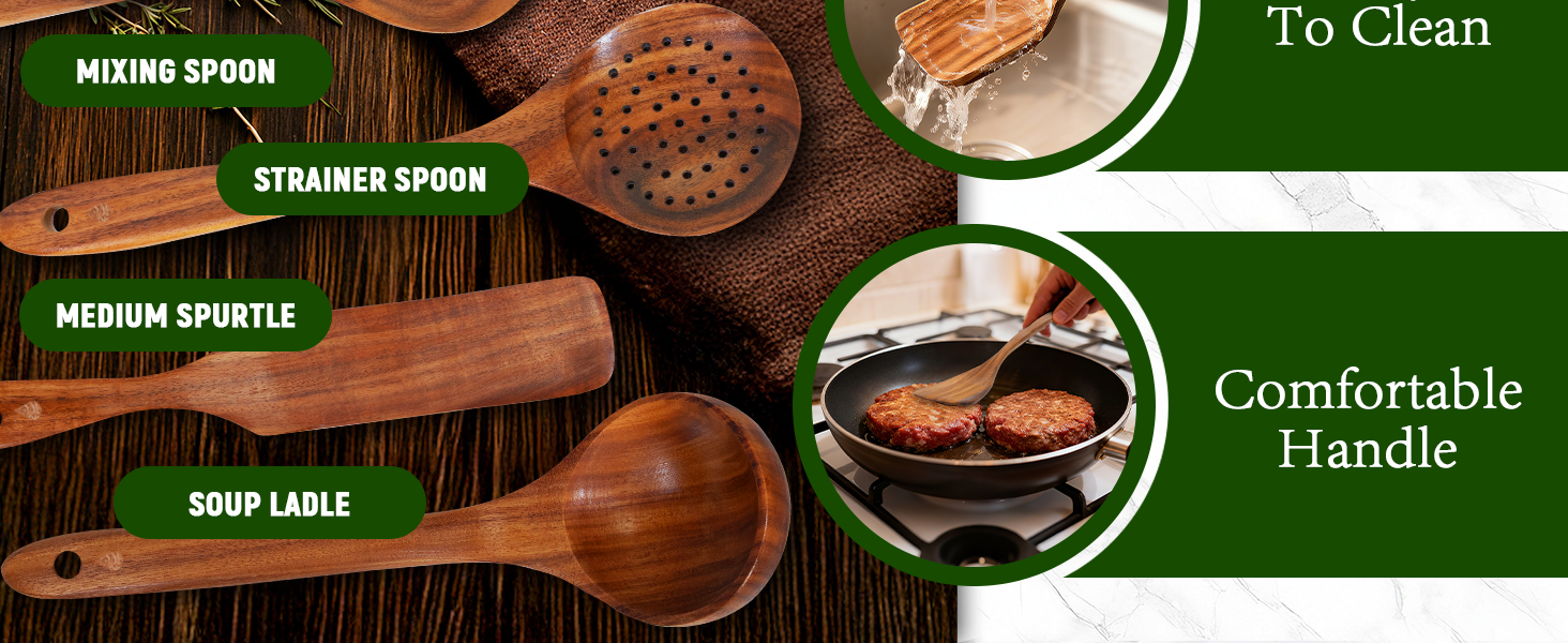 12 Piece Wooden Spoons for Cooking, Natural Teak Wooden Utensils Set, Handmade Wood Kitchen Utensil Set with Holder and Spoon, Durable Nonstick, Comfort Grip Wood Cookware Tool