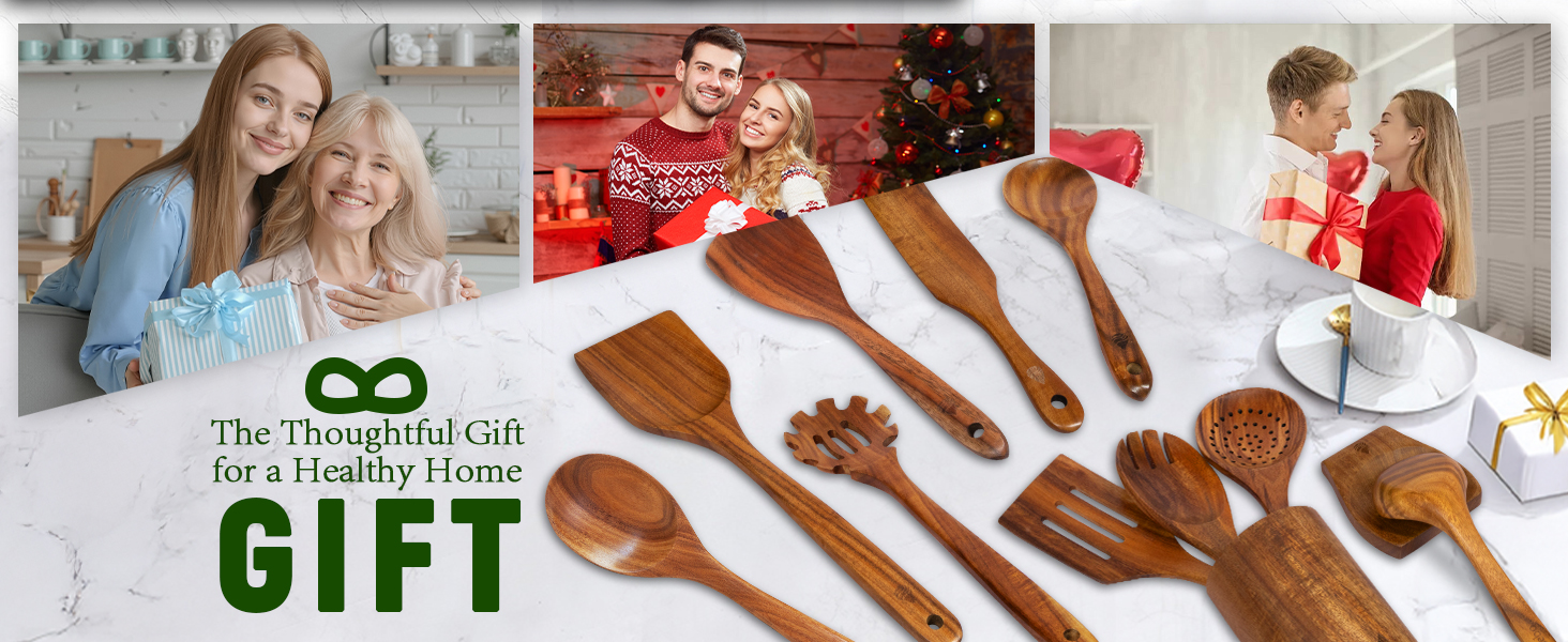 12 Piece Wooden Spoons for Cooking, Natural Teak Wooden Utensils Set, Handmade Wood Kitchen Utensil Set with Holder and Spoon, Durable Nonstick, Comfort Grip Wood Cookware Tool