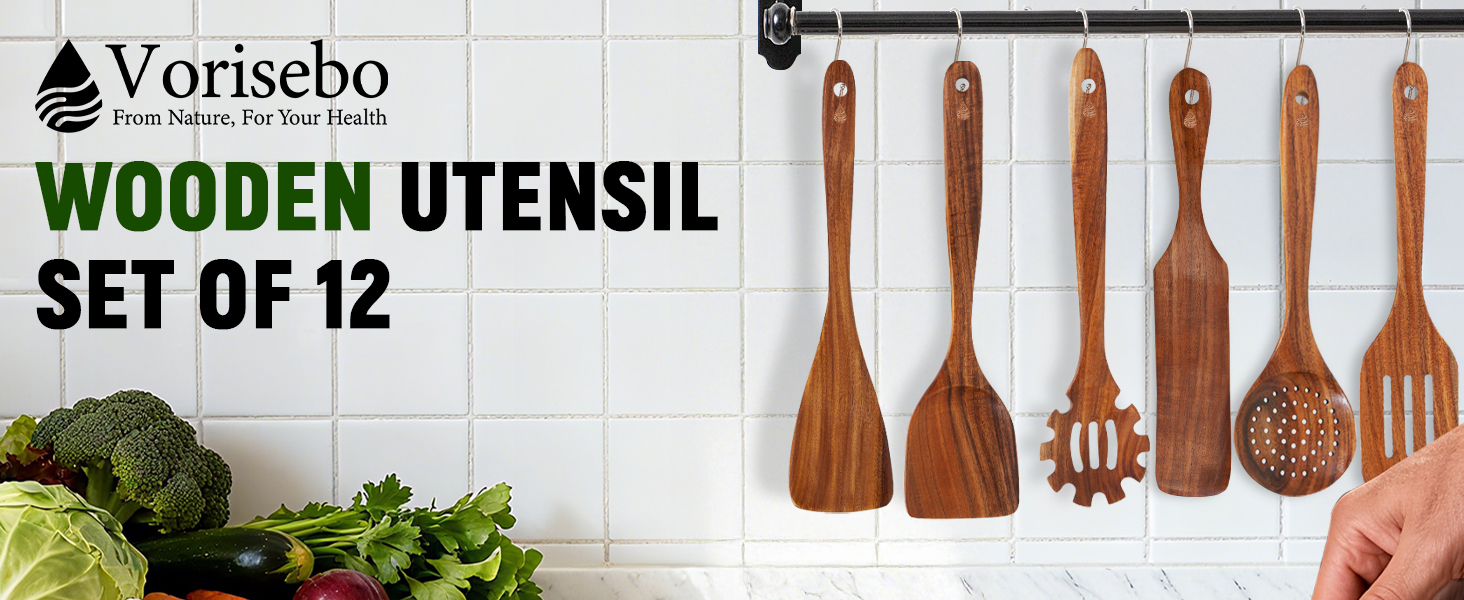12 Piece Wooden Spoons for Cooking, Natural Teak Wooden Utensils Set, Handmade Wood Kitchen Utensil Set with Holder and Spoon, Durable Nonstick, Comfort Grip Wood Cookware Tool