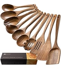 Wooden Spoons for Cooking, Nonstick Cooking Utensil Set with 10 Piece Acacia Wooden Spatulas and Spoons for Cooking, Terrific for Everyday Kitchen Tasks