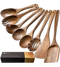 Wooden Spoons for Cooking, Nonstick Cooking Utensil Set with 10 Piece Acacia Wooden Spatulas and Spoons for Cooking, Terrific for Everyday Kitchen Tasks