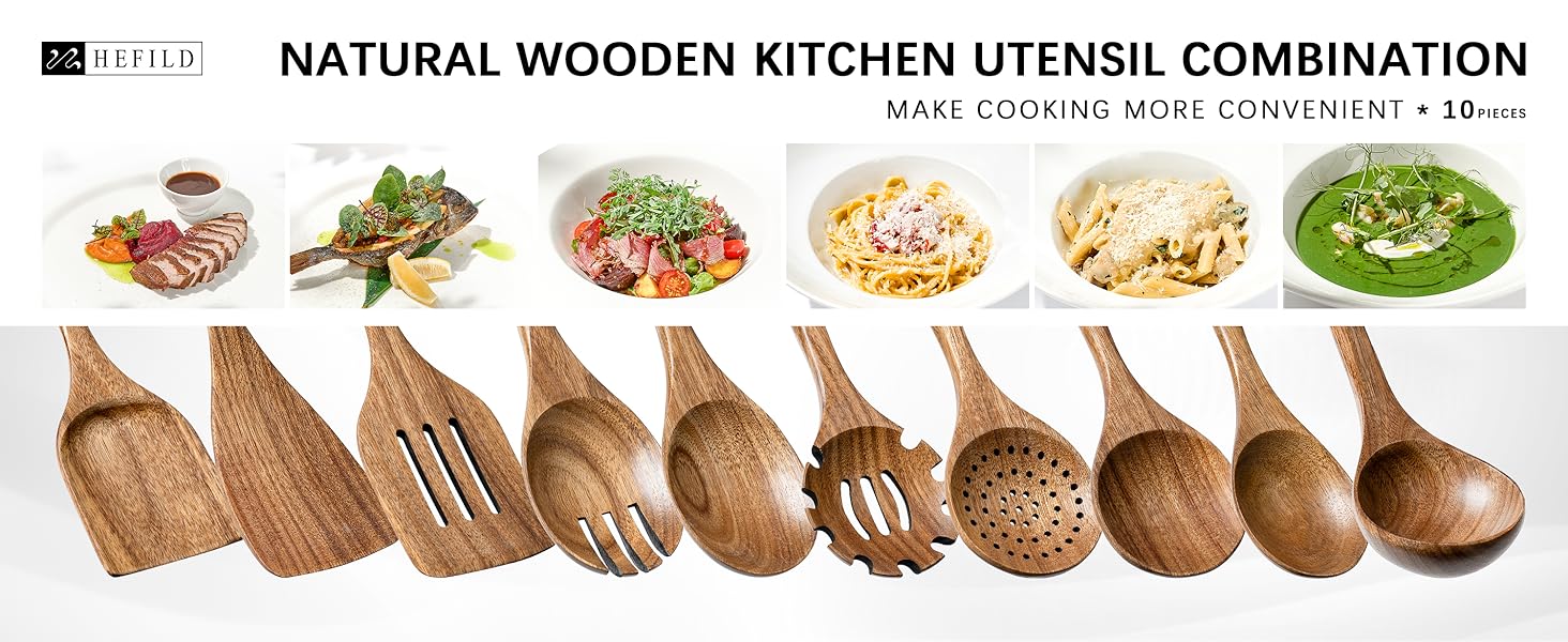 Wooden Spoons for Cooking, Nonstick Cooking Utensil Set with 10 Piece Acacia Wooden Spatulas and Spoons for Cooking, Terrific for Everyday Kitchen Tasks