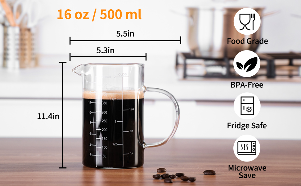 Glass Measuring Cup, 500ML (18OZ, 2 Cups), with Three Scales and V-Shaped Mouth Measuring Cup, High Borosilicate Glass Liquid Measuring Cups, Suitable for Kitchen and Restaurant.