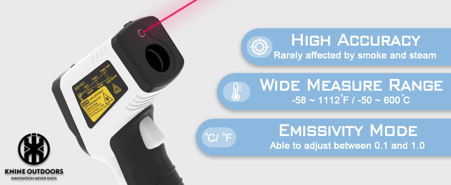 KNINE OUTDOORS Infrared Thermometer Laser Temperature Gun, -58℉ to 1112℉, Single Laser Targeting, Distance to Spot Ratio 12:1, for Cooking, Oven and Meat (White)