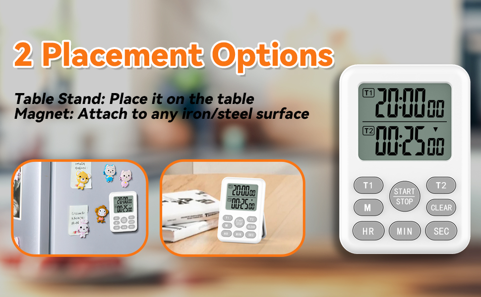 Dual Kitchen Timer Digital - 2 Channel for Cooking with Loud Adjustable Alarm, Magnetic Back and Stand, Battery Operated for Baking, BBQ, Study, and Exercise