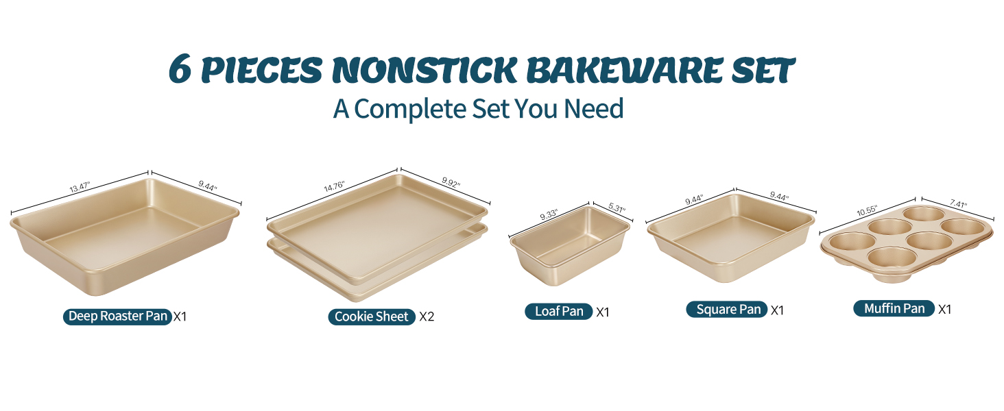 Baking Pans Set, Nonstick Stackable Bakeware Sets, Oven Pans for Cooking, AIVIKI 6 Pieces Baking Sheets Set Including Cookie Sheet, Deep Roaster Pan, Square Pan, Loaf Pan, Muffin Pan, Carbon Steel