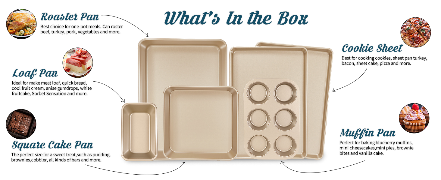 Baking Pans Set, Nonstick Stackable Bakeware Sets, Oven Pans for Cooking, AIVIKI 6 Pieces Baking Sheets Set Including Cookie Sheet, Deep Roaster Pan, Square Pan, Loaf Pan, Muffin Pan, Carbon Steel