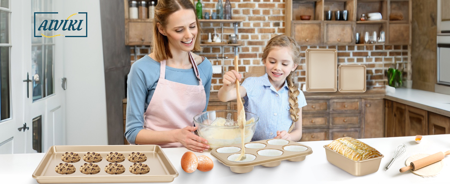 Baking Pans Set, Nonstick Stackable Bakeware Sets, Oven Pans for Cooking, AIVIKI 6 Pieces Baking Sheets Set Including Cookie Sheet, Deep Roaster Pan, Square Pan, Loaf Pan, Muffin Pan, Carbon Steel