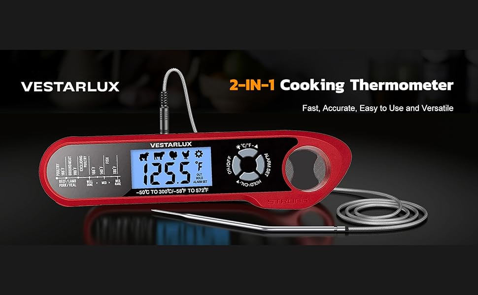 Digital Instant Read Meat Thermometer Waterproof Kitchen Food Cooking Thermometer Dual Probes Backlight, Alarm, °F/°C for BBQ Grill Smoker Steak Turkey Frying Baking Oven Water Oil