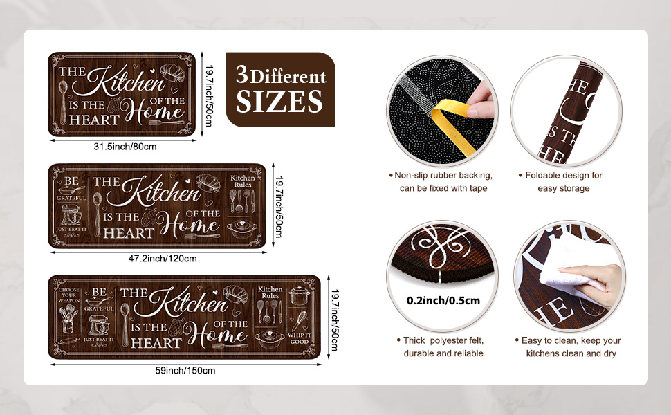 Sets of 3 Brown Kitchen Rugs and Mats Retro Brown Kitchen Rugs Non Slip Washable Door Mats for Floor Home Bathroom Cabin Farmhouse Decor