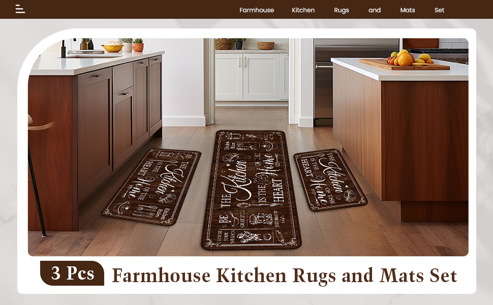 Sets of 3 Brown Kitchen Rugs and Mats Retro Brown Kitchen Rugs Non Slip Washable Door Mats for Floor Home Bathroom Cabin Farmhouse Decor