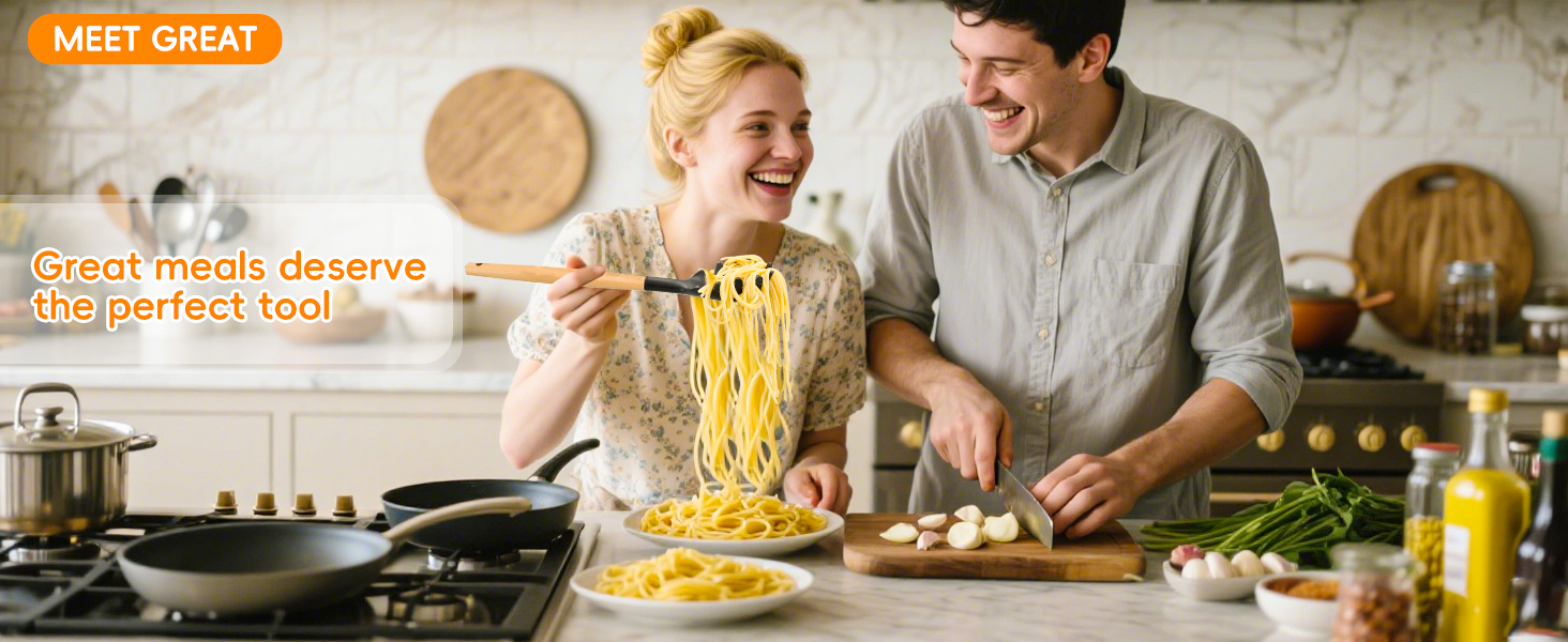 Premium Spaghetti Spoon Pasta Fork, Silicone Pasta Spoon with Teeth and Wood Handle, Non-Scratch Pasta Server for Spaghetti, Noodles, and All Pasta Types MEET GREAT