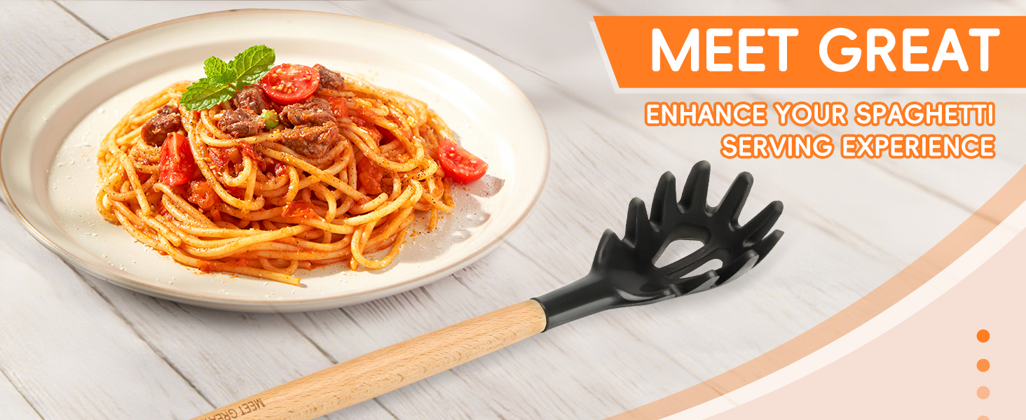 Premium Spaghetti Spoon Pasta Fork, Silicone Pasta Spoon with Teeth and Wood Handle, Non-Scratch Pasta Server for Spaghetti, Noodles, and All Pasta Types MEET GREAT