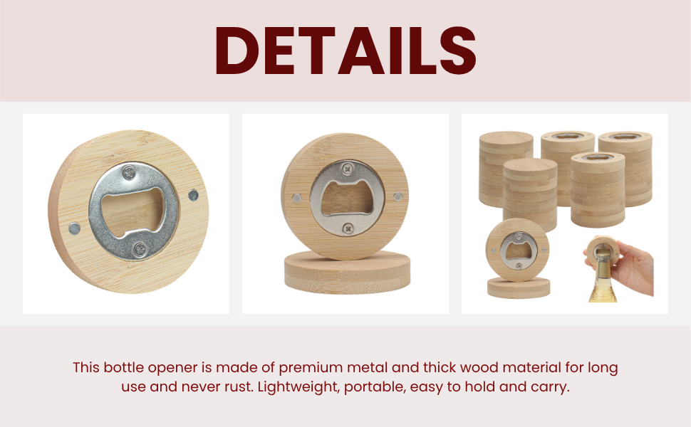 30pcs Bamboo Bottle Opener, Wood Bulk Wooden Openers, Fridge Magnet Round Beer Opener, 2.6