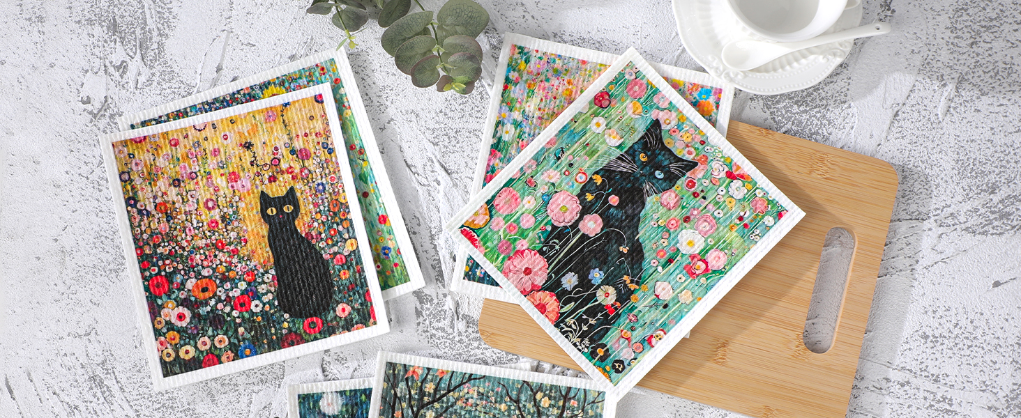 Black Cat Swedish Dishcloths for Kitchen, 6 Pack Reusable Dish Cloths for Washing Dishes, Absorbent Swedish Dish Towels for Home Kitchen Cleaning Fast Drying Washable Dishes Cloths