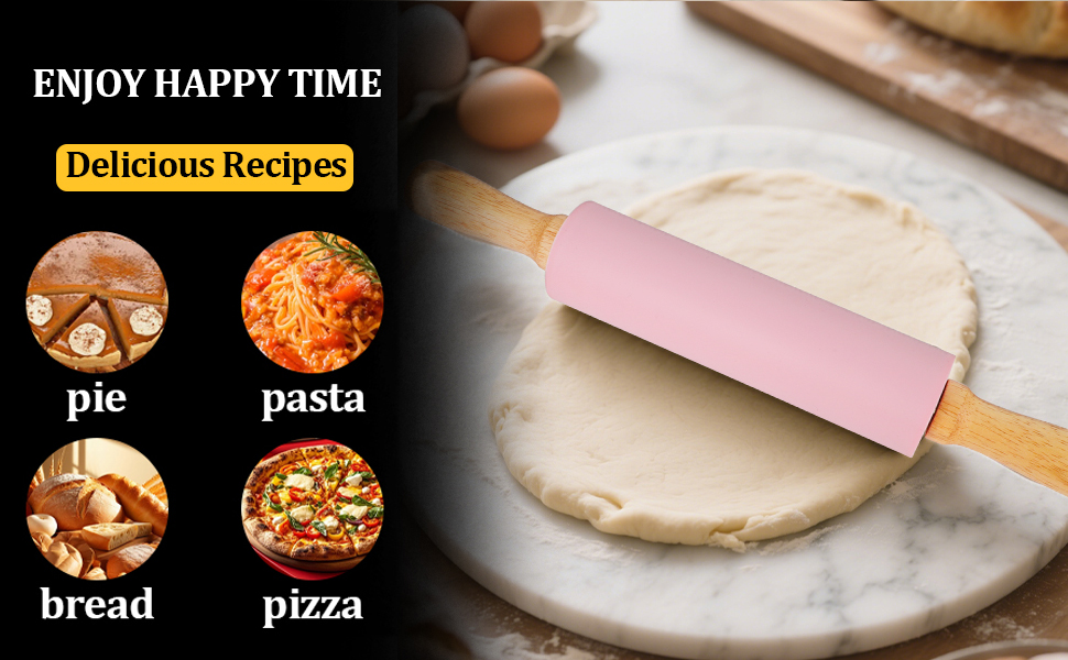 3Pcs Silicone Rolling Pin for Baking Sets,15Inch Pastry Dough Roller with Wooden Handle Silicone Mat and Brush, Non Stick Surface Rolling Pins for Dough Cookie Baking Supplies Kitchen Accessories
