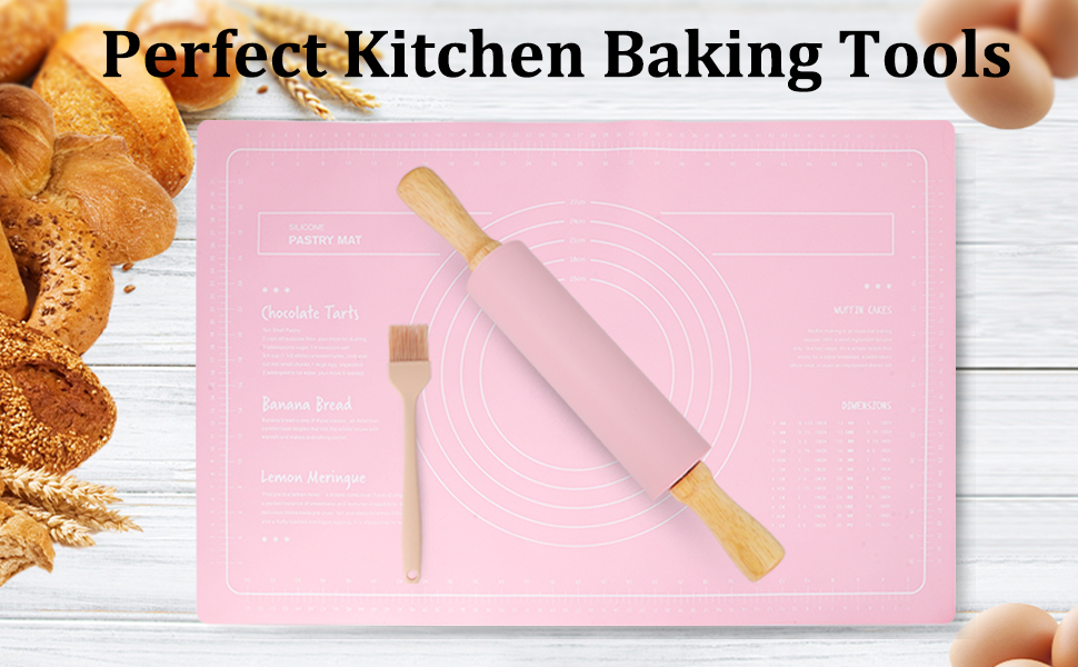 3Pcs Silicone Rolling Pin for Baking Sets,15Inch Pastry Dough Roller with Wooden Handle Silicone Mat and Brush, Non Stick Surface Rolling Pins for Dough Cookie Baking Supplies Kitchen Accessories