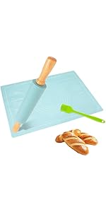 3Pcs Silicone Rolling Pin for Baking Sets,15Inch Pastry Dough Roller with Wooden Handle Silicone Mat and Brush, Non Stick Surface Rolling Pins for Dough Cookie Baking Supplies Kitchen Accessories