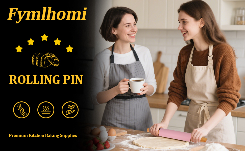 3Pcs Silicone Rolling Pin for Baking Sets,15Inch Pastry Dough Roller with Wooden Handle Silicone Mat and Brush, Non Stick Surface Rolling Pins for Dough Cookie Baking Supplies Kitchen Accessories