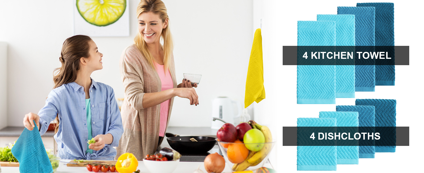 100% Cotton Kitchen Towels and Dishcloths Set, Pack of 8 Super Absorbent 16