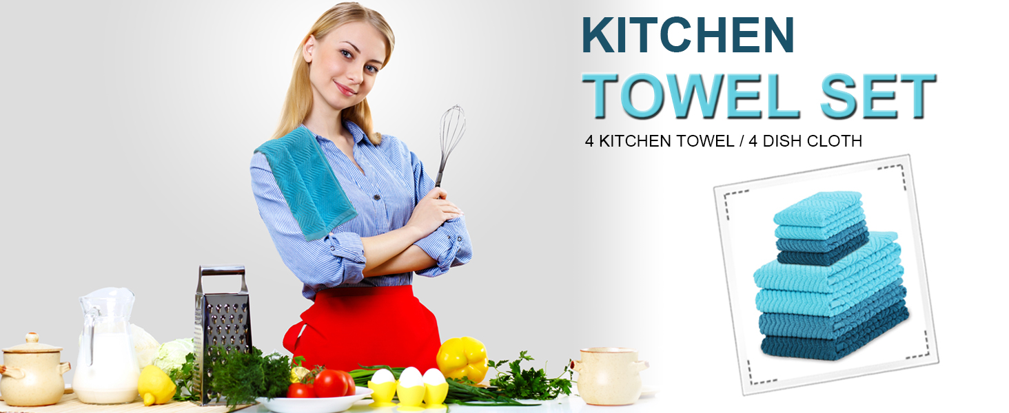 100% Cotton Kitchen Towels and Dishcloths Set, Pack of 8 Super Absorbent 16