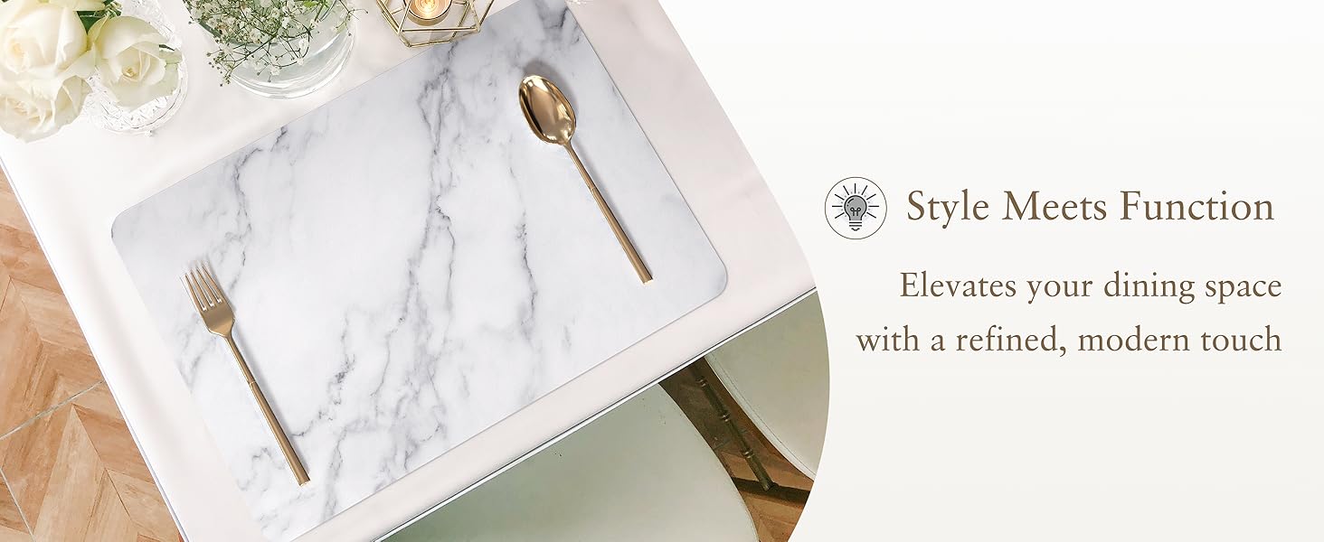 QIYI Placemats Set of 6, 12x18 Inch Faux Leather Place Mats for Kitchen Dinning, Heat Resistant Anti Slip Table Mats, Waterproof Wipeable Washable Placemat Party Table Décor, White Marble
