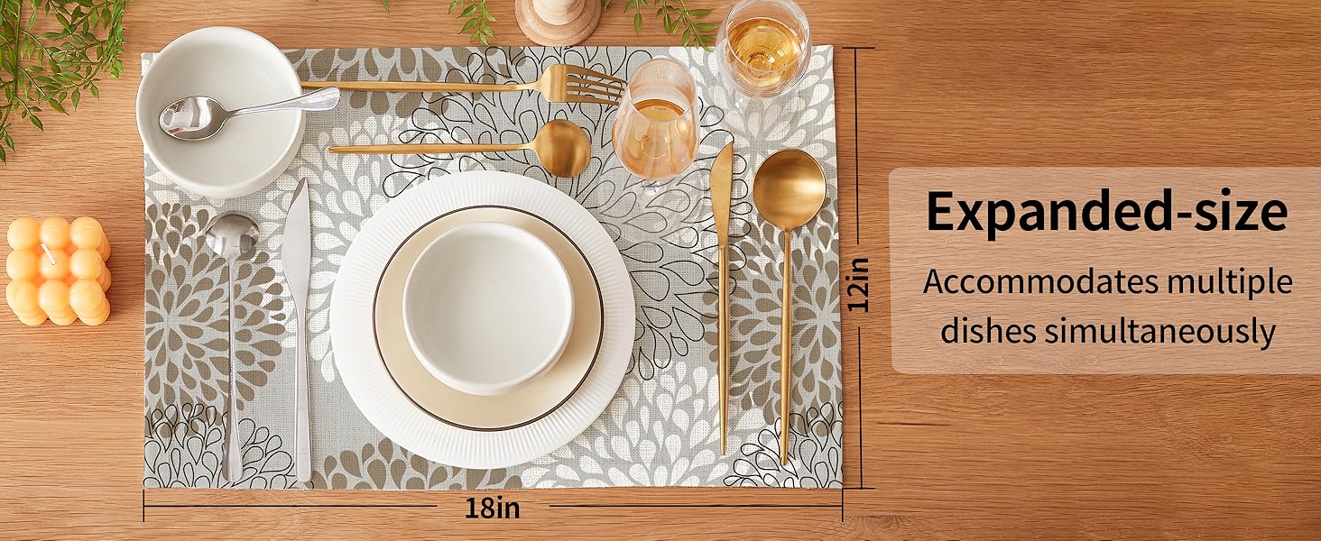 QIYI Boho Placemats Set of 6, 12x18 Inch Linen Fabric Place Mats for Kitchen Dinning, Farmhouse Rustic Floral Cloth Table Mats, Washable Placemat Party Table Décor, Brown Floral Burst