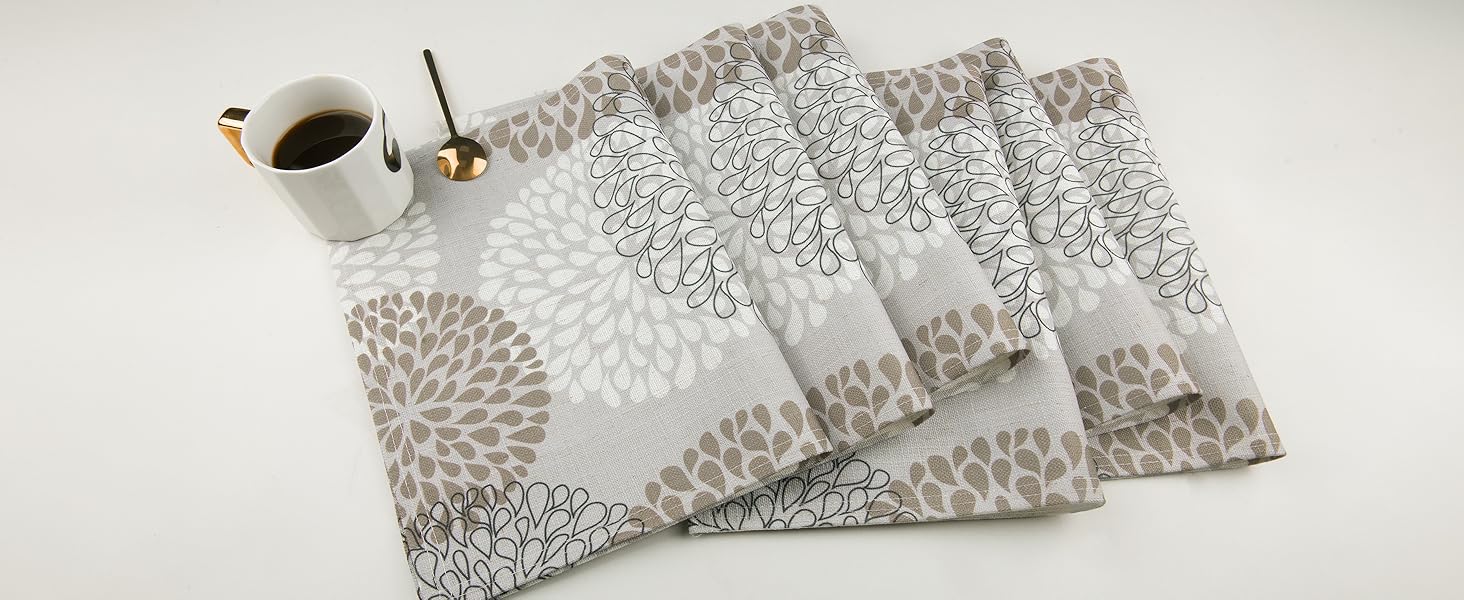 QIYI Boho Placemats Set of 6, 12x18 Inch Linen Fabric Place Mats for Kitchen Dinning, Farmhouse Rustic Floral Cloth Table Mats, Washable Placemat Party Table Décor, Brown Floral Burst