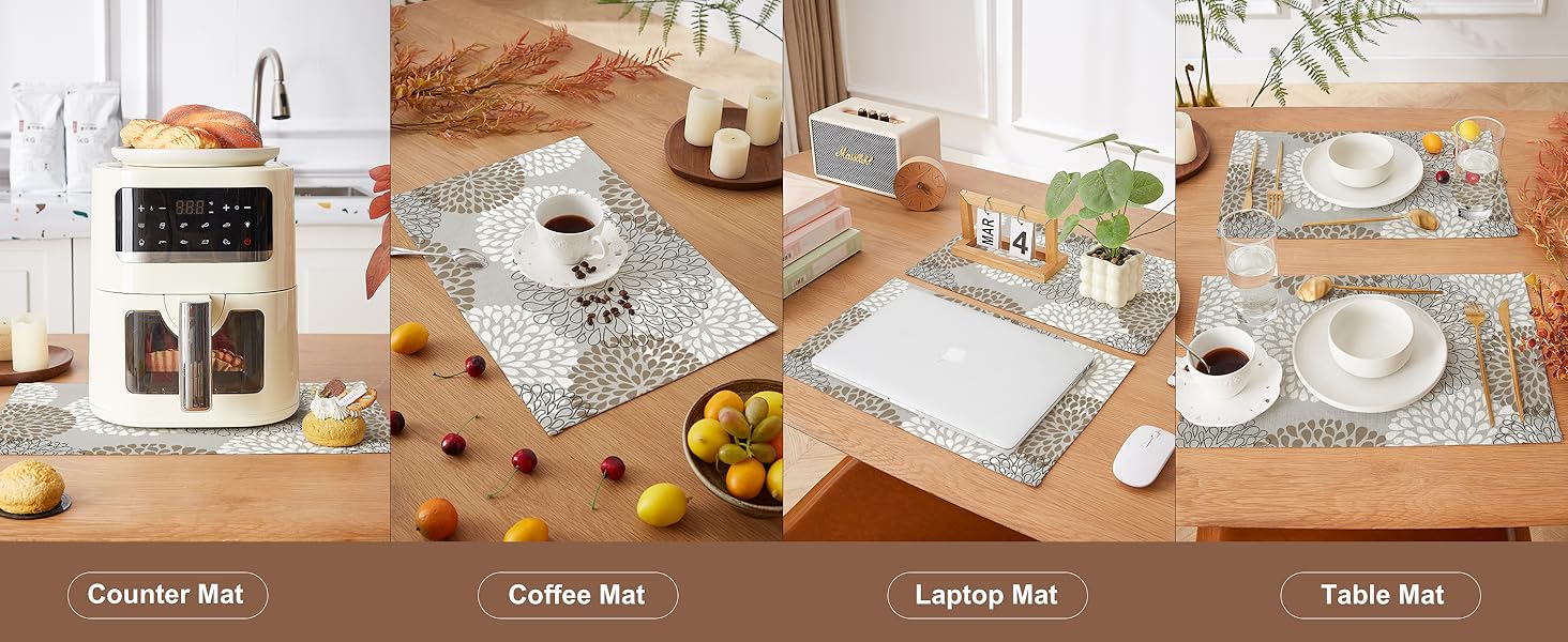 QIYI Boho Placemats Set of 6, 12x18 Inch Linen Fabric Place Mats for Kitchen Dinning, Farmhouse Rustic Floral Cloth Table Mats, Washable Placemat Party Table Décor, Brown Floral Burst