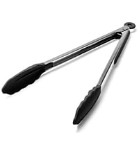 Doosu Kitchen Tongs for Cooking - 600°F Heat Resistant Food Tong with Non-Scratch Silicone Tips, Heavy Duty Stainless Steel Locking Tong for BBQ, Grilling Steak, Serving Salad, Pasta (7in, Black)