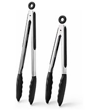 Doosu Kitchen Tongs for Cooking - 600°F Heat Resistant Food Tong with Non-Scratch Silicone Tips, Heavy Duty Stainless Steel Locking Tong for BBQ, Grilling Steak, Serving Salad, Pasta (7in, Black)