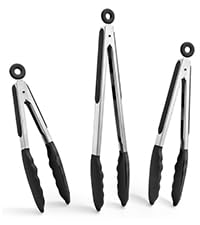 Doosu Kitchen Tongs for Cooking - 600°F Heat Resistant Food Tong with Non-Scratch Silicone Tips, Heavy Duty Stainless Steel Locking Tong for BBQ, Grilling Steak, Serving Salad, Pasta (7in, Black)