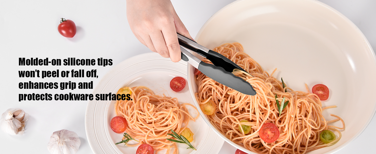 Doosu Kitchen Tongs for Cooking - 600°F Heat Resistant Food Tong with Non-Scratch Silicone Tips, Heavy Duty Stainless Steel Locking Tong for BBQ, Grilling Steak, Serving Salad, Pasta (7in, Black)