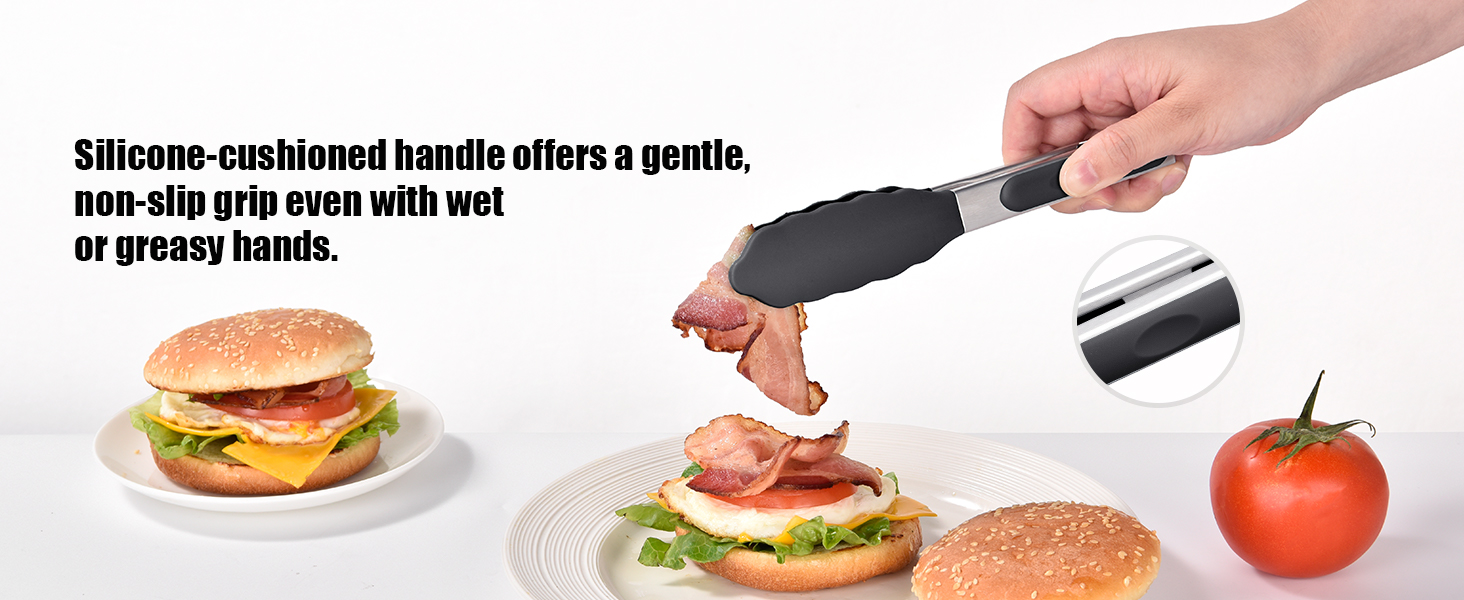 Doosu Kitchen Tongs for Cooking - 600°F Heat Resistant Food Tong with Non-Scratch Silicone Tips, Heavy Duty Stainless Steel Locking Tong for BBQ, Grilling Steak, Serving Salad, Pasta (7in, Black)