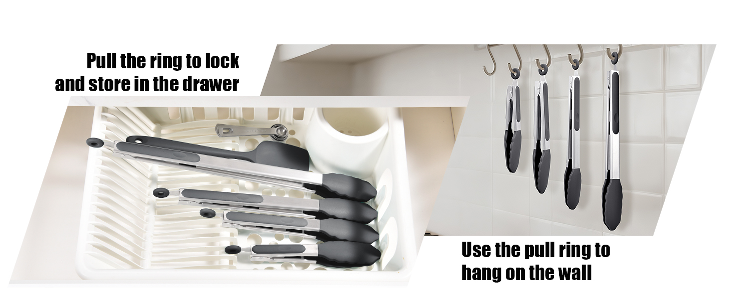 Doosu Kitchen Tongs for Cooking - 600°F Heat Resistant Food Tong with Non-Scratch Silicone Tips, Heavy Duty Stainless Steel Locking Tong for BBQ, Grilling Steak, Serving Salad, Pasta (7in, Black)