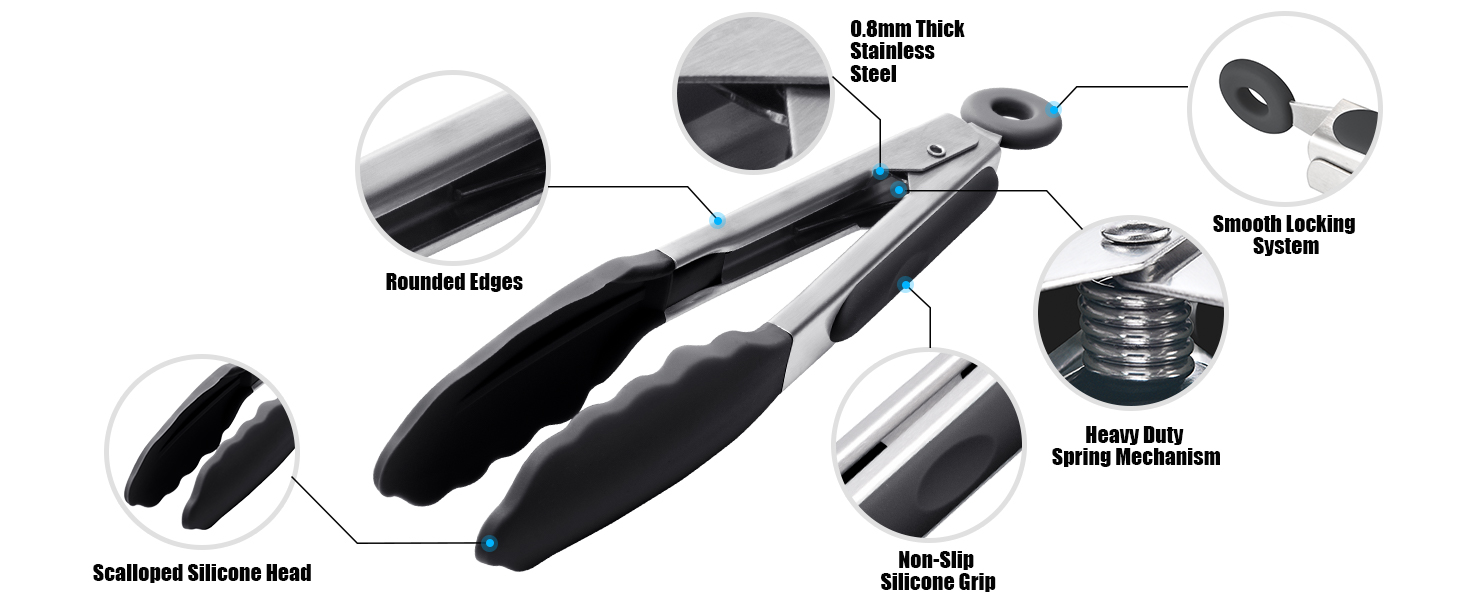 Doosu Kitchen Tongs for Cooking - 600°F Heat Resistant Food Tong with Non-Scratch Silicone Tips, Heavy Duty Stainless Steel Locking Tong for BBQ, Grilling Steak, Serving Salad, Pasta (7in, Black)