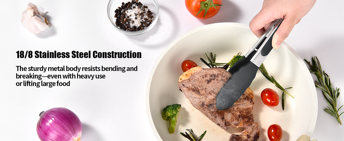 Doosu Kitchen Tongs for Cooking - 600°F Heat Resistant Food Tong with Non-Scratch Silicone Tips, Heavy Duty Stainless Steel Locking Tong for BBQ, Grilling Steak, Serving Salad, Pasta (7in, Black)