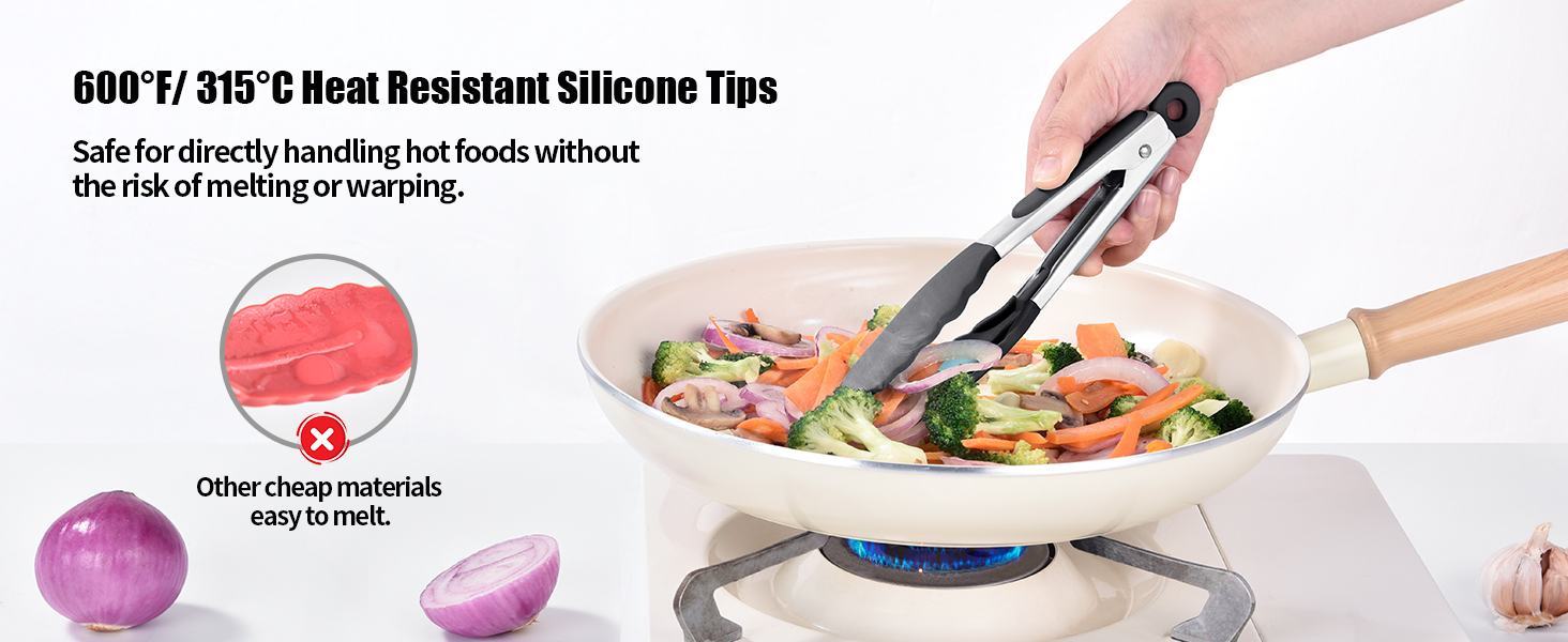 Doosu Kitchen Tongs for Cooking - 600°F Heat Resistant Food Tong with Non-Scratch Silicone Tips, Heavy Duty Stainless Steel Locking Tong for BBQ, Grilling Steak, Serving Salad, Pasta (7in, Black)