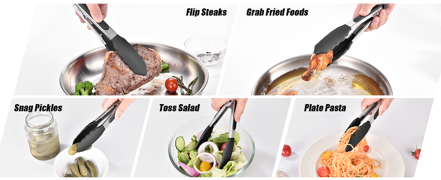 Doosu Kitchen Tongs for Cooking - 600°F Heat Resistant Food Tong with Non-Scratch Silicone Tips, Heavy Duty Stainless Steel Locking Tong for BBQ, Grilling Steak, Serving Salad, Pasta (7in, Black)