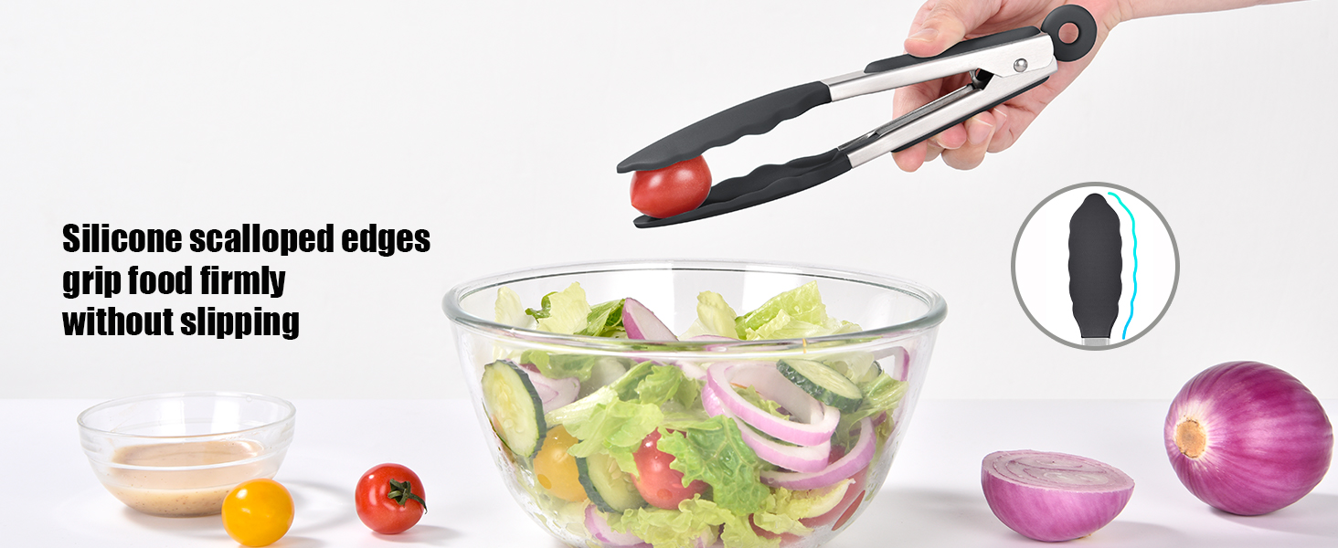 Doosu Kitchen Tongs for Cooking - 600°F Heat Resistant Food Tong with Non-Scratch Silicone Tips, Heavy Duty Stainless Steel Locking Tong for BBQ, Grilling Steak, Serving Salad, Pasta (7in, Black)