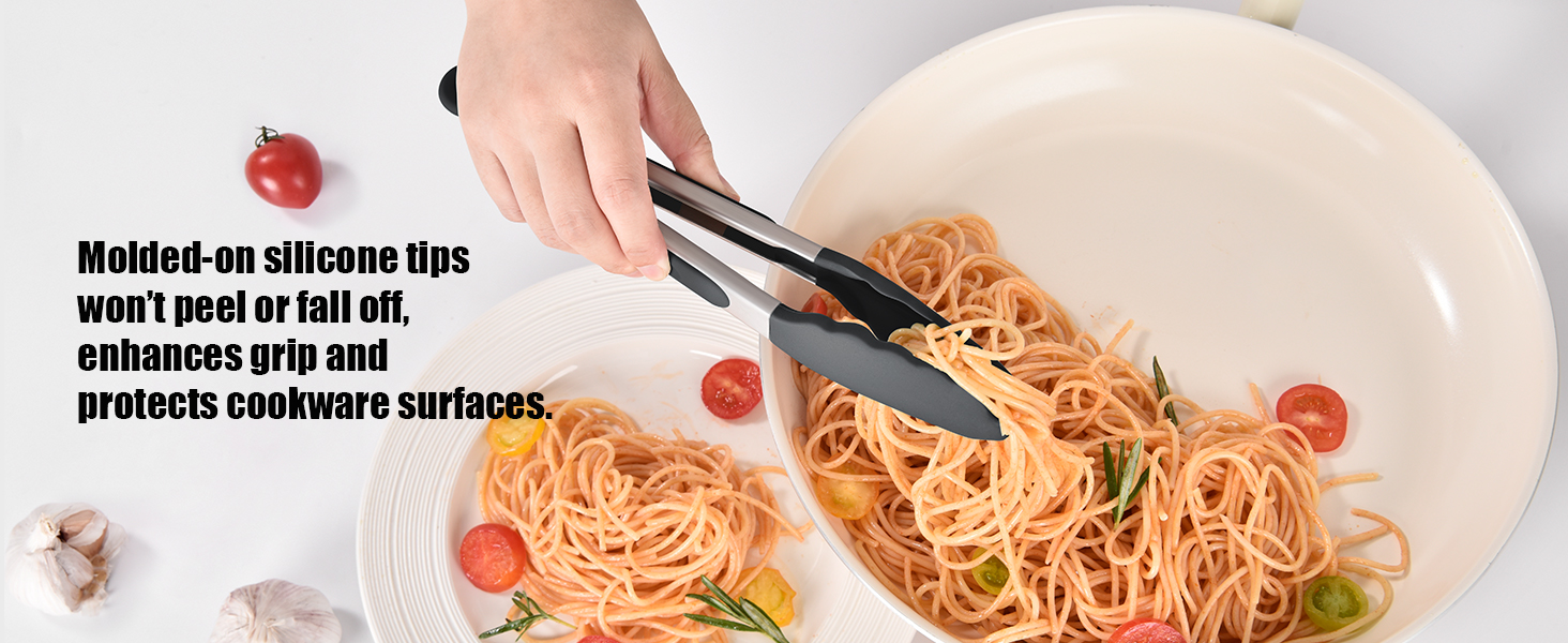 Doosu Kitchen Tongs for Cooking - 600°F Heat Resistant Food Tong with Non-Scratch Silicone Tips, Heavy Duty Stainless Steel Locking Tong for BBQ, Grilling Steak, Serving Salad, Pasta (9in, Black)