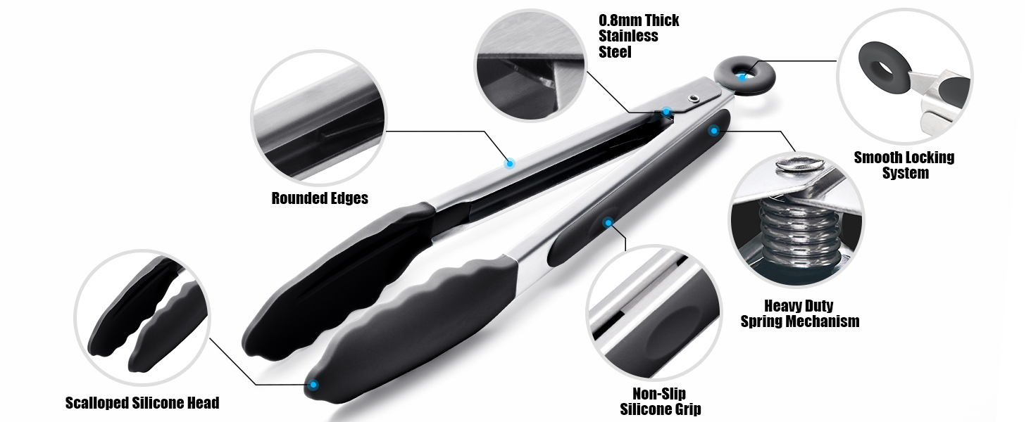 Doosu Kitchen Tongs for Cooking - 600°F Heat Resistant Food Tong with Non-Scratch Silicone Tips, Heavy Duty Stainless Steel Locking Tong for BBQ, Grilling Steak, Serving Salad, Pasta (9in, Black)