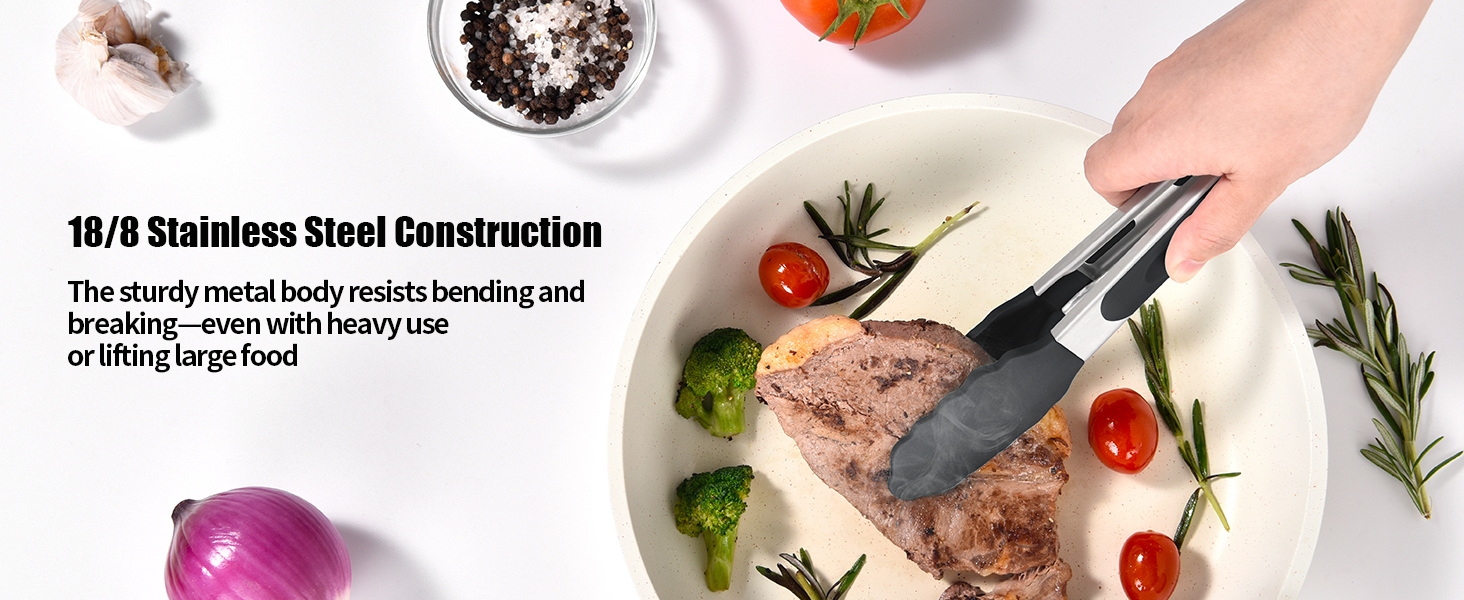 Doosu Kitchen Tongs for Cooking - 600°F Heat Resistant Food Tong with Non-Scratch Silicone Tips, Heavy Duty Stainless Steel Locking Tong for BBQ, Grilling Steak, Serving Salad, Pasta (9in, Black)