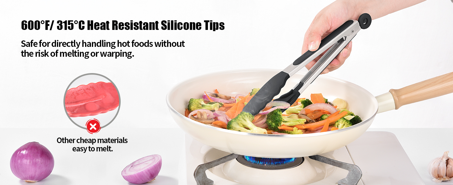 Doosu Kitchen Tongs for Cooking - 600°F Heat Resistant Food Tong with Non-Scratch Silicone Tips, Heavy Duty Stainless Steel Locking Tong for BBQ, Grilling Steak, Serving Salad, Pasta (9in, Black)