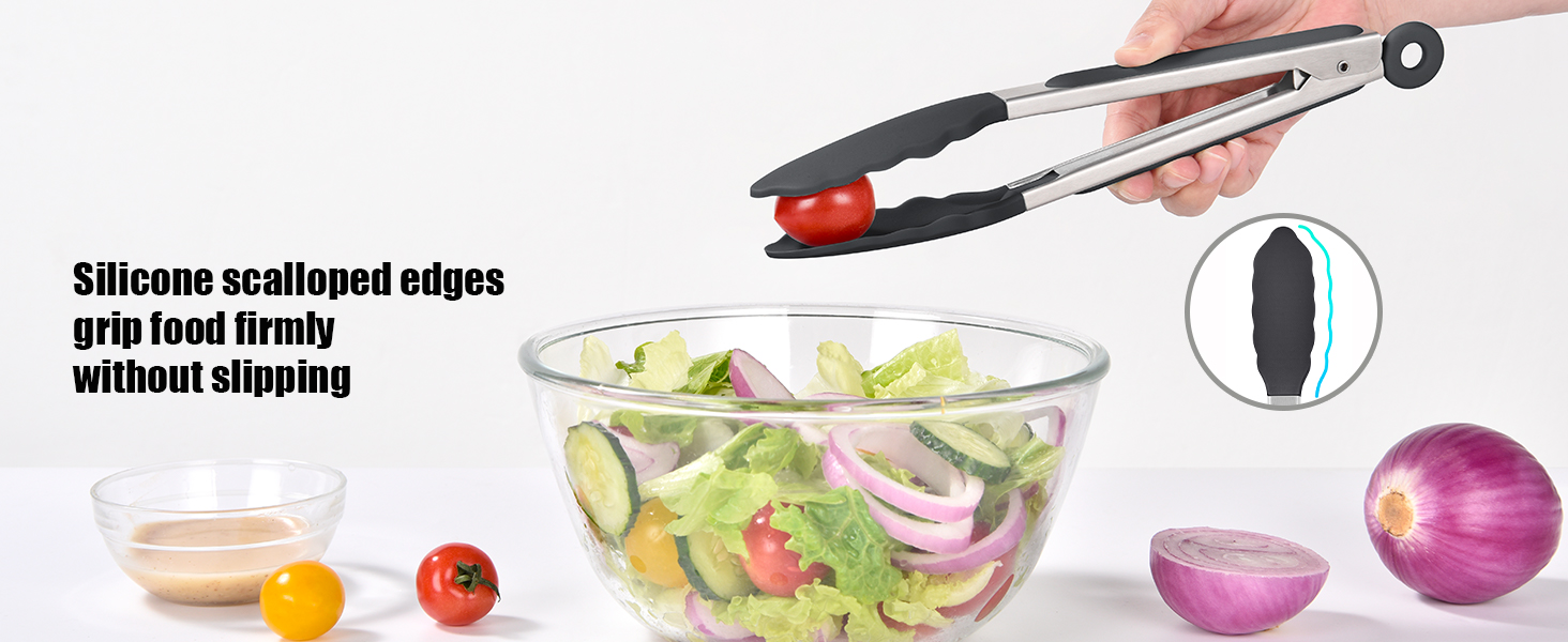 Doosu Kitchen Tongs for Cooking - 600°F Heat Resistant Food Tong with Non-Scratch Silicone Tips, Heavy Duty Stainless Steel Locking Tong for BBQ, Grilling Steak, Serving Salad, Pasta (9in, Black)