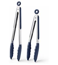 Doosu Kitchen Tongs for Cooking - 600°F Heat Resistant Food Tong with Non-Scratch Silicone Tips, Heavy Duty Stainless Steel Locking Tong for BBQ, Grilling Steak, Serving Salad Pasta (9in, Navy Blue)