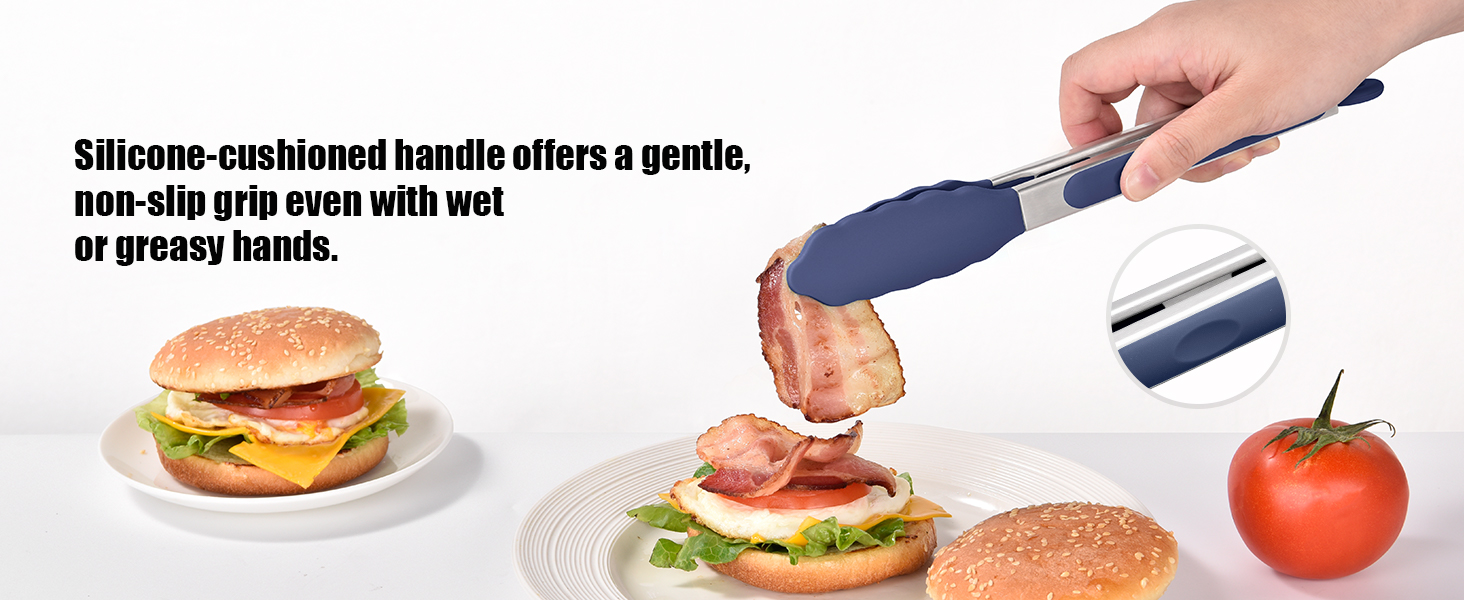 Doosu Kitchen Tongs for Cooking - 600°F Heat Resistant Food Tong with Non-Scratch Silicone Tips, Heavy Duty Stainless Steel Locking Tong for BBQ, Grilling Steak, Serving Salad Pasta (9in, Navy Blue)