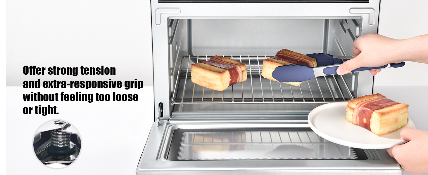 Doosu Kitchen Tongs for Cooking - 600°F Heat Resistant Food Tong with Non-Scratch Silicone Tips, Heavy Duty Stainless Steel Locking Tong for BBQ, Grilling Steak, Serving Salad Pasta (9in, Navy Blue)